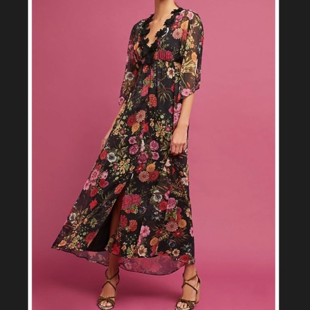Farm Rio floral maxi, embellished deep V neck.
